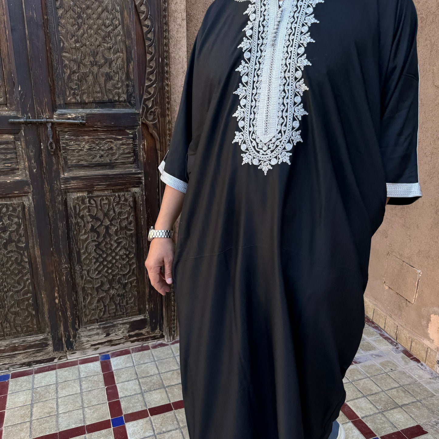 Contrast Stitch Black/Silver Moroccan Gandoura