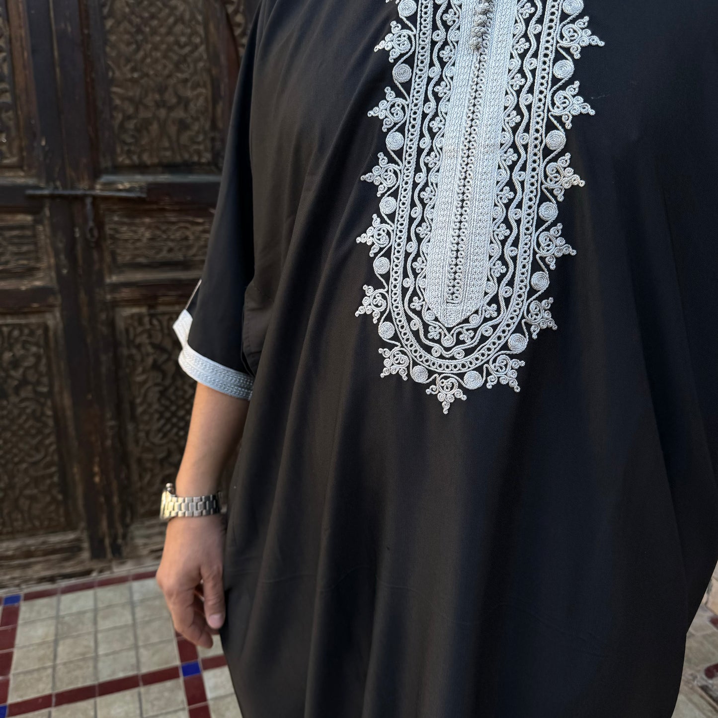 Contrast Stitch Black/Silver Moroccan Gandoura
