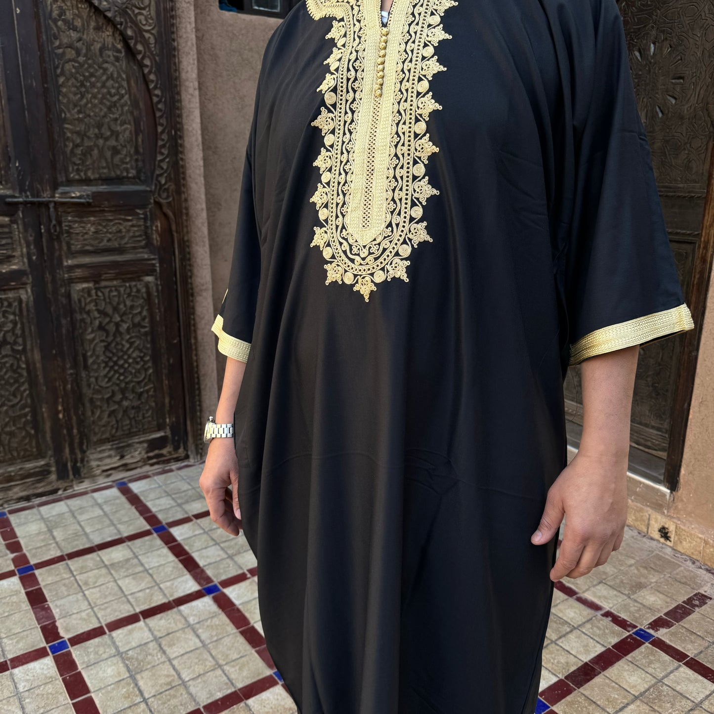 Contrast Stitch Black/Gold Moroccan Gandoura