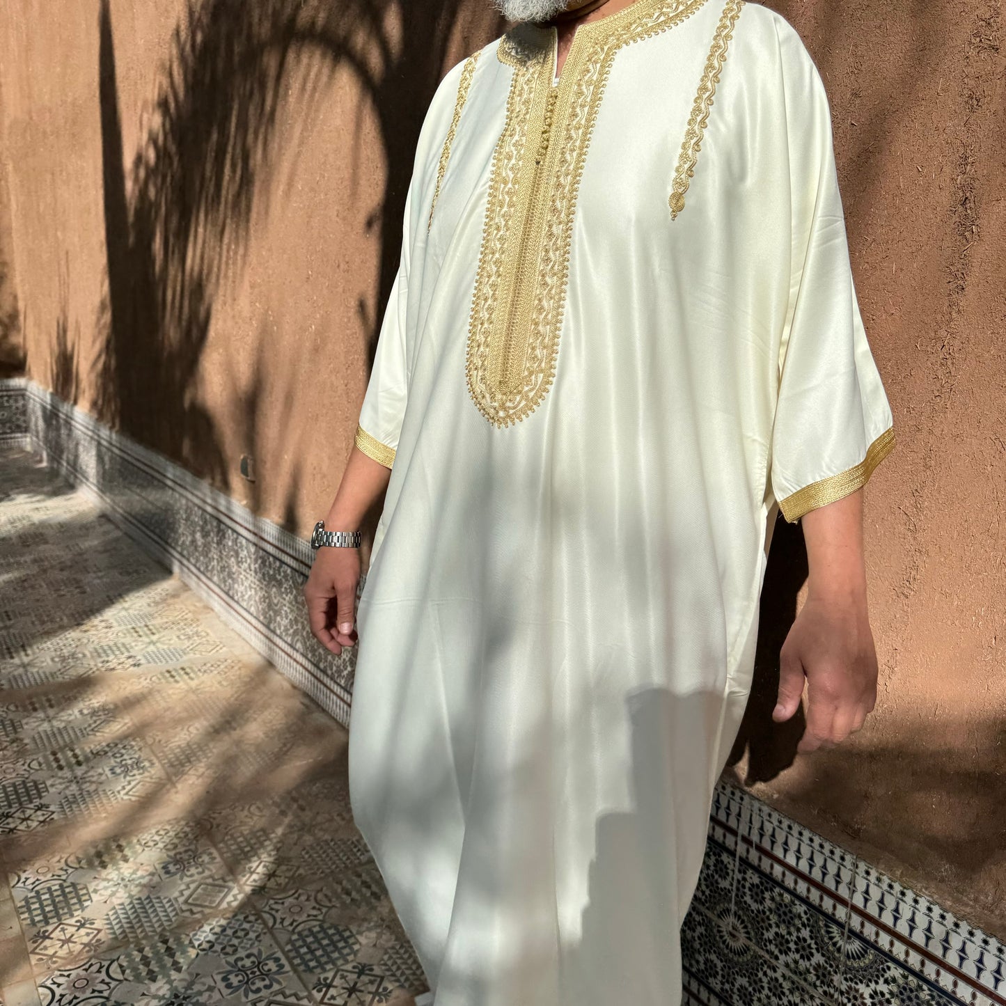 Contrast Stitch Cream/Gold Moroccan Thobe
